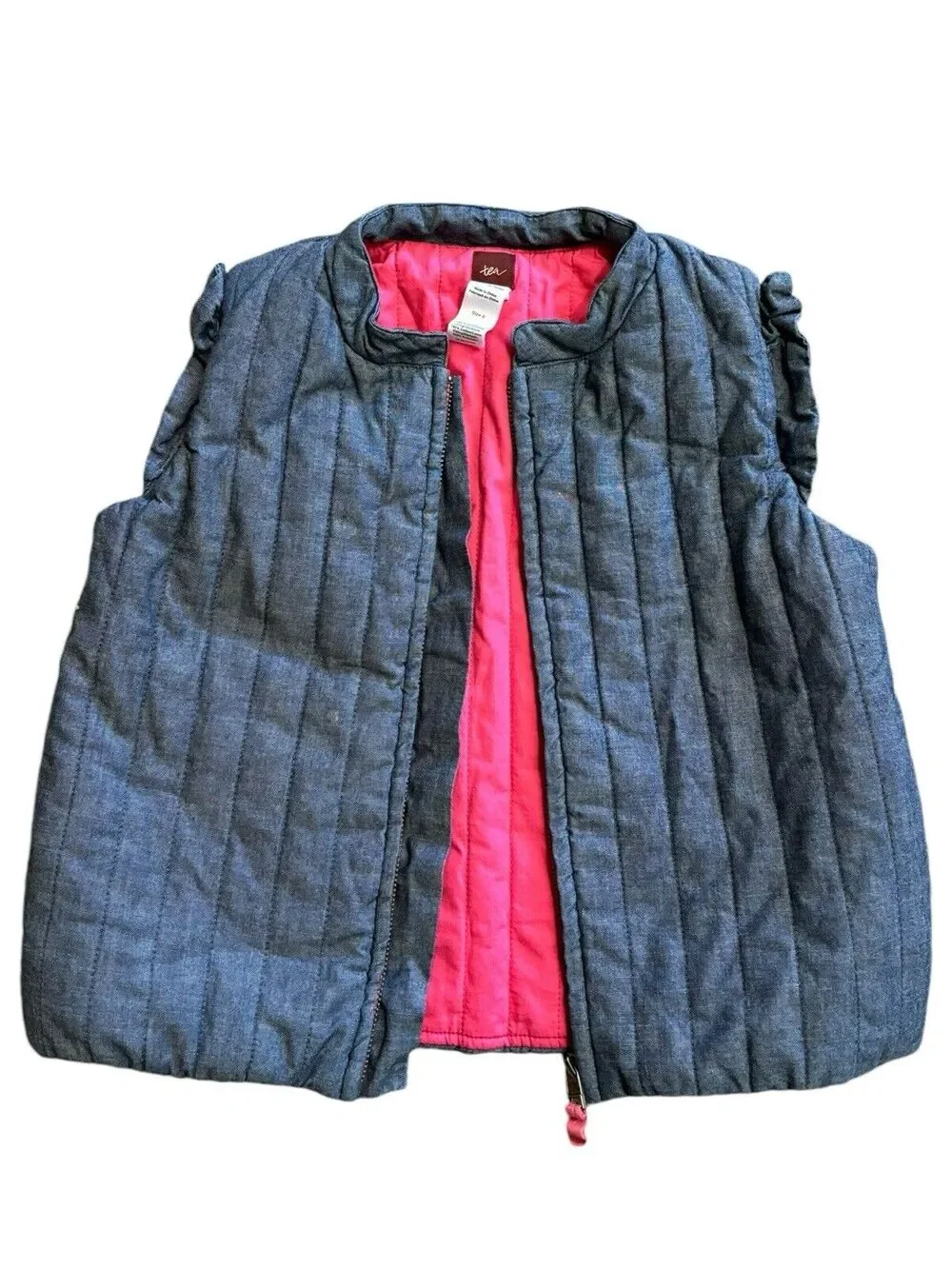 Tea Collection Chambray Blue Lightweight Puffer Vest Ruffle Detail Girls Size 8